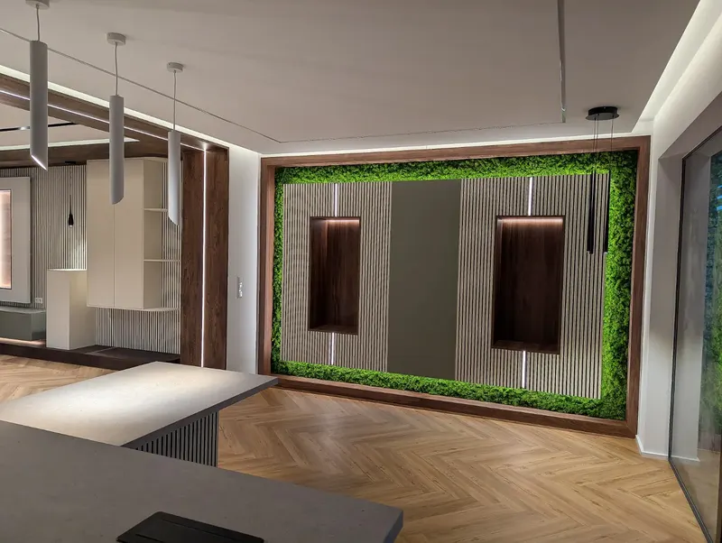 Séjour avec panneau mural végétal et niches éclairées