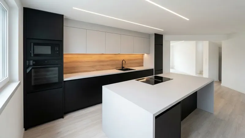 Cuisine noire et blanche avec îlot central et colonnes four